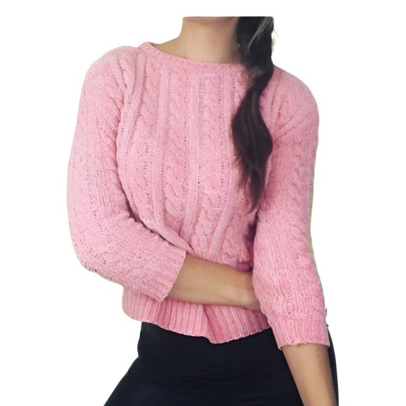 NWT Philosophy Pale Pink Soft Chunky Warm Cropped Chenille Cable Knit Sweater L - Picture 1 of 3